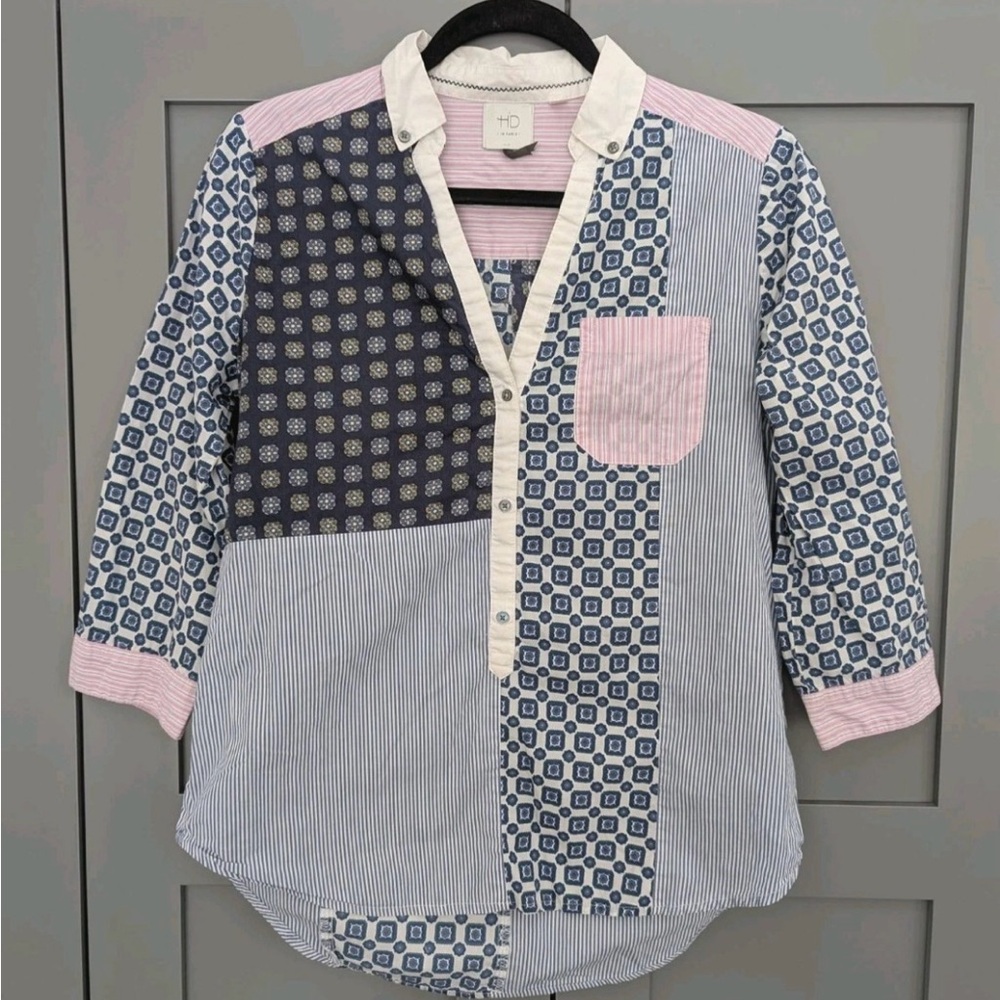 HD in Paris Blue and Pink Button Down Shirt with Geometric Patterns